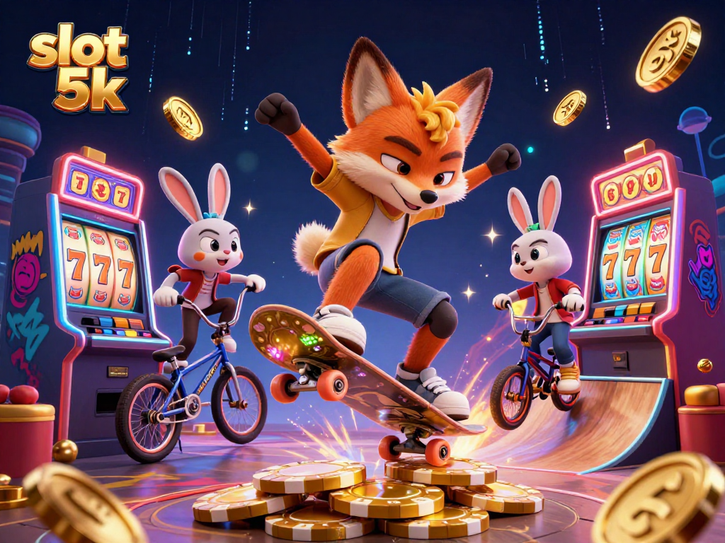 Experience the excitement of slot 5k with this vibrant 3D digital scene featuring animated characters and gaming elements.
