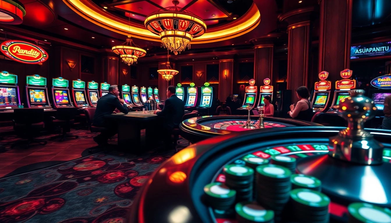 Gamblers engaging at a poker table featuring asupanjitu themed decor, surrounded by vibrant casino elements.