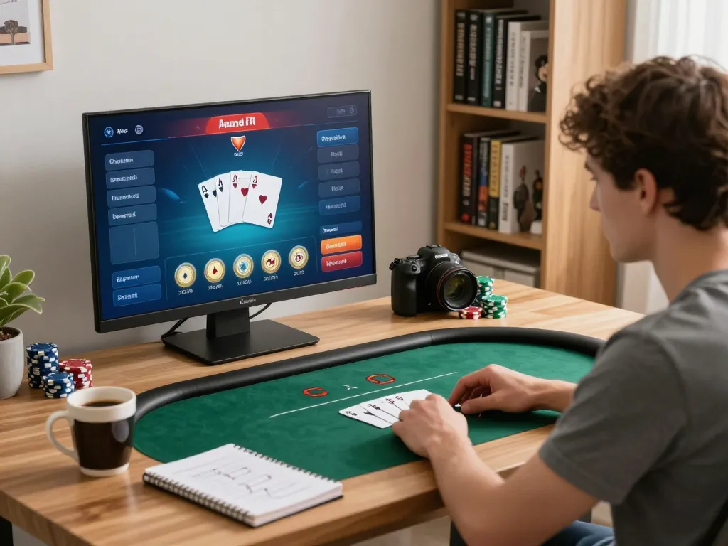 Engaged player at home exploring LV88 poker strategies on a tablet with a cozy atmosphere.