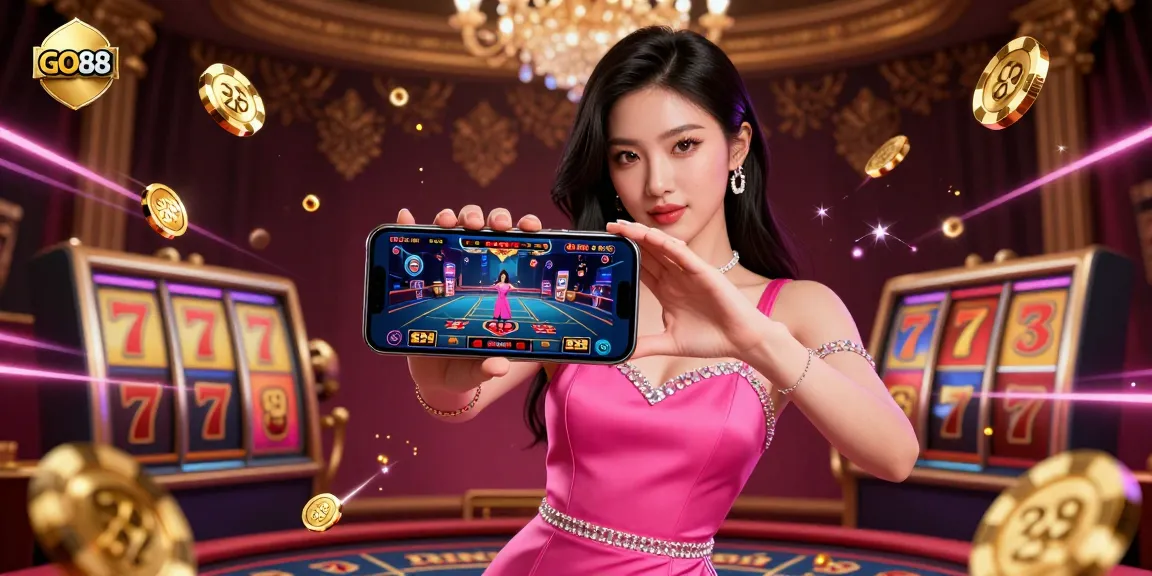 Experience the excitement at GO88 with a stunning Asian woman holding a smartphone displaying a live dealer game.
