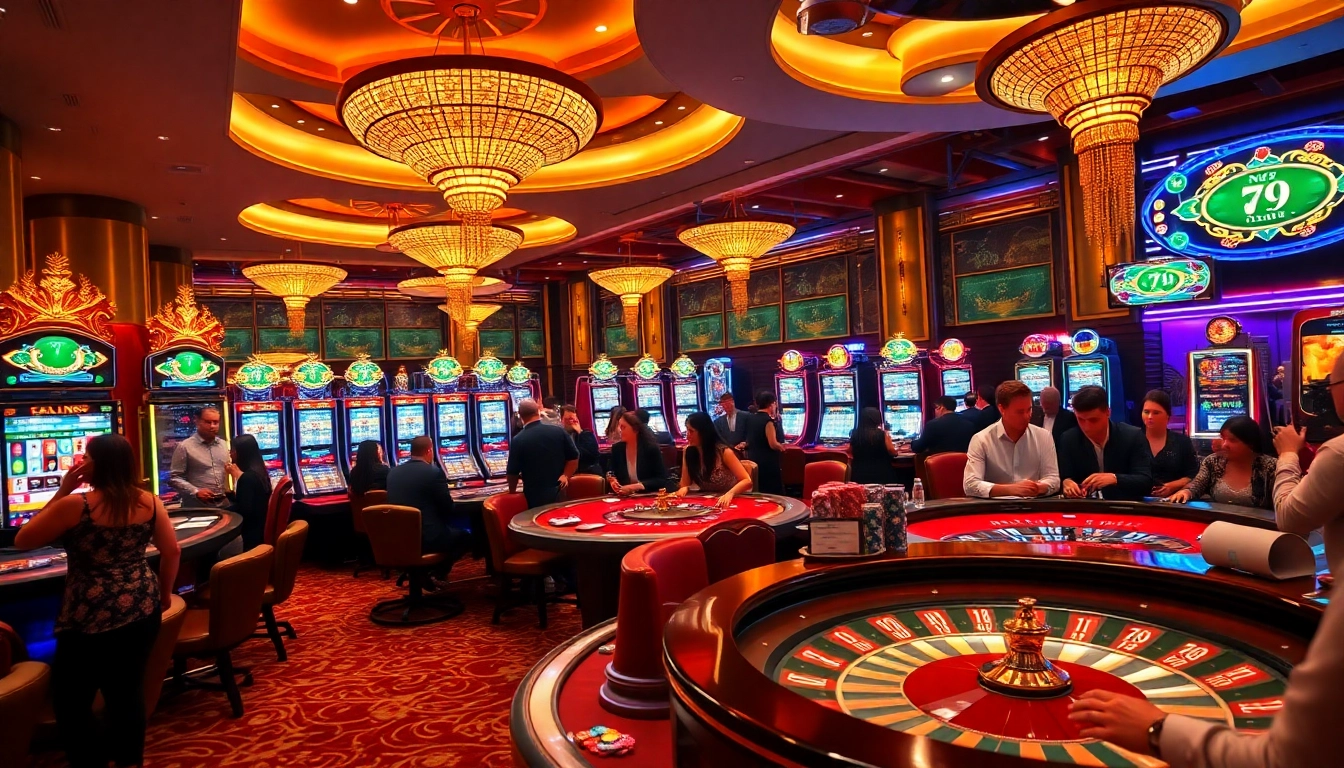 NEO79 players enjoying an exciting casino gaming experience with vibrant slot machines and tables.