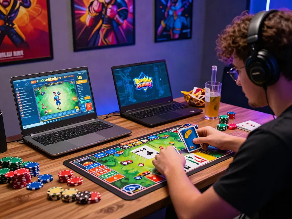 Player engaged in Rumble Rummy with mobile setup, showcasing vibrant gaming atmosphere.