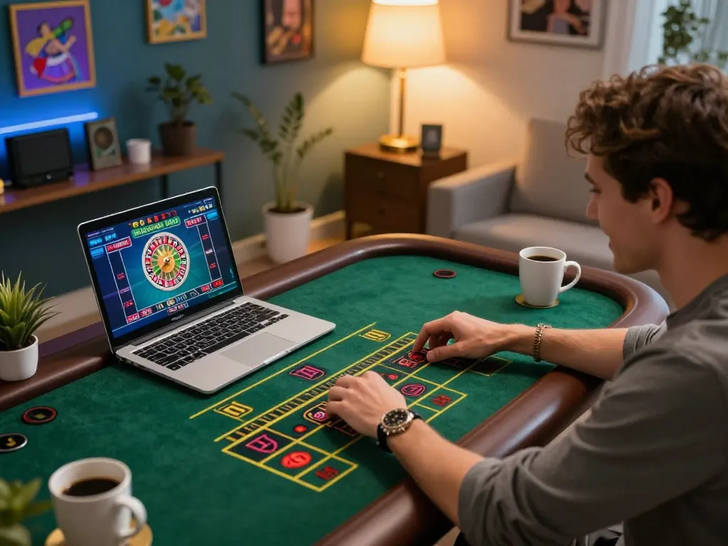 Engaging in live dealer roulette at nhà cái 8xbet in a cozy home office.