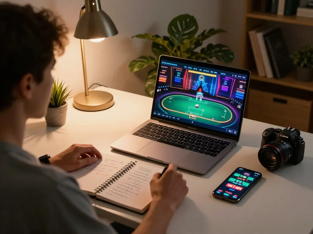 Win138 player strategizing online poker with laptop, notes, and smartphone in cozy setting.