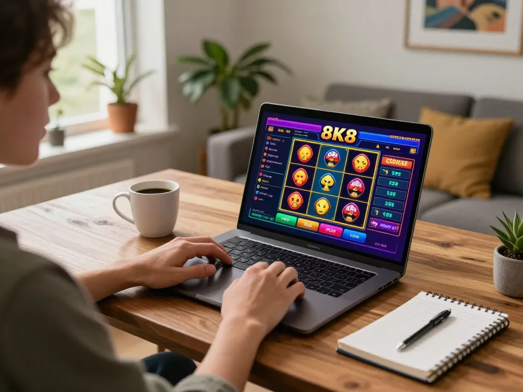 Engaged player enjoying 8K8 casino games on laptop at home with relaxed ambiance.