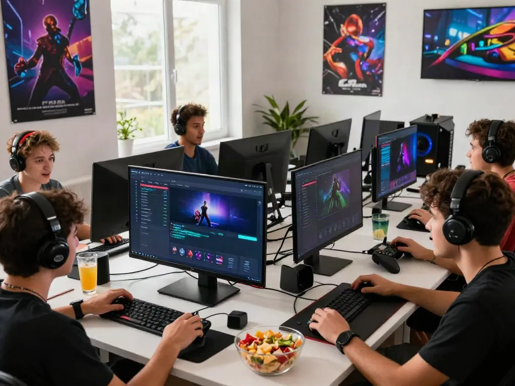 Group of gamers enjoying the A80 platform with lively interaction and vibrant gaming devices.