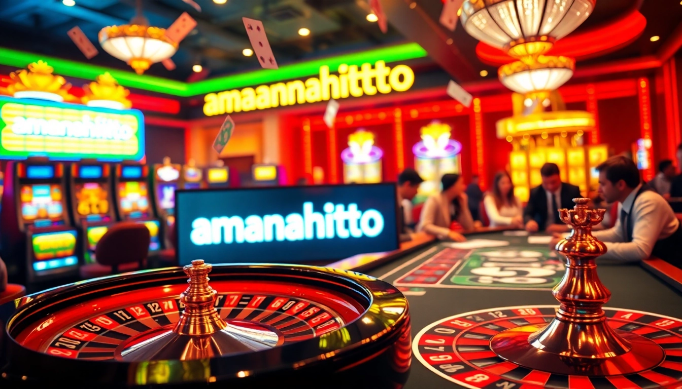 Action-packed scene featuring gamblers at 'amanahtoto' tables, capturing the thrill of casino gaming.