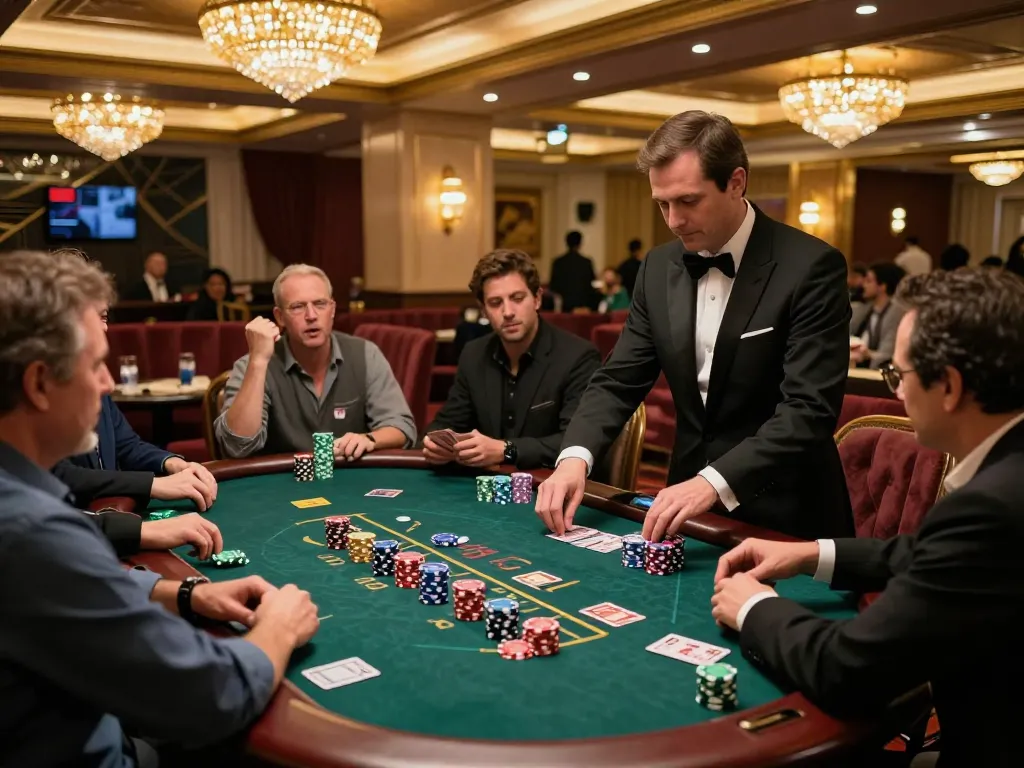 SG777 players strategizing in a vibrant blackjack game at a luxurious casino table.