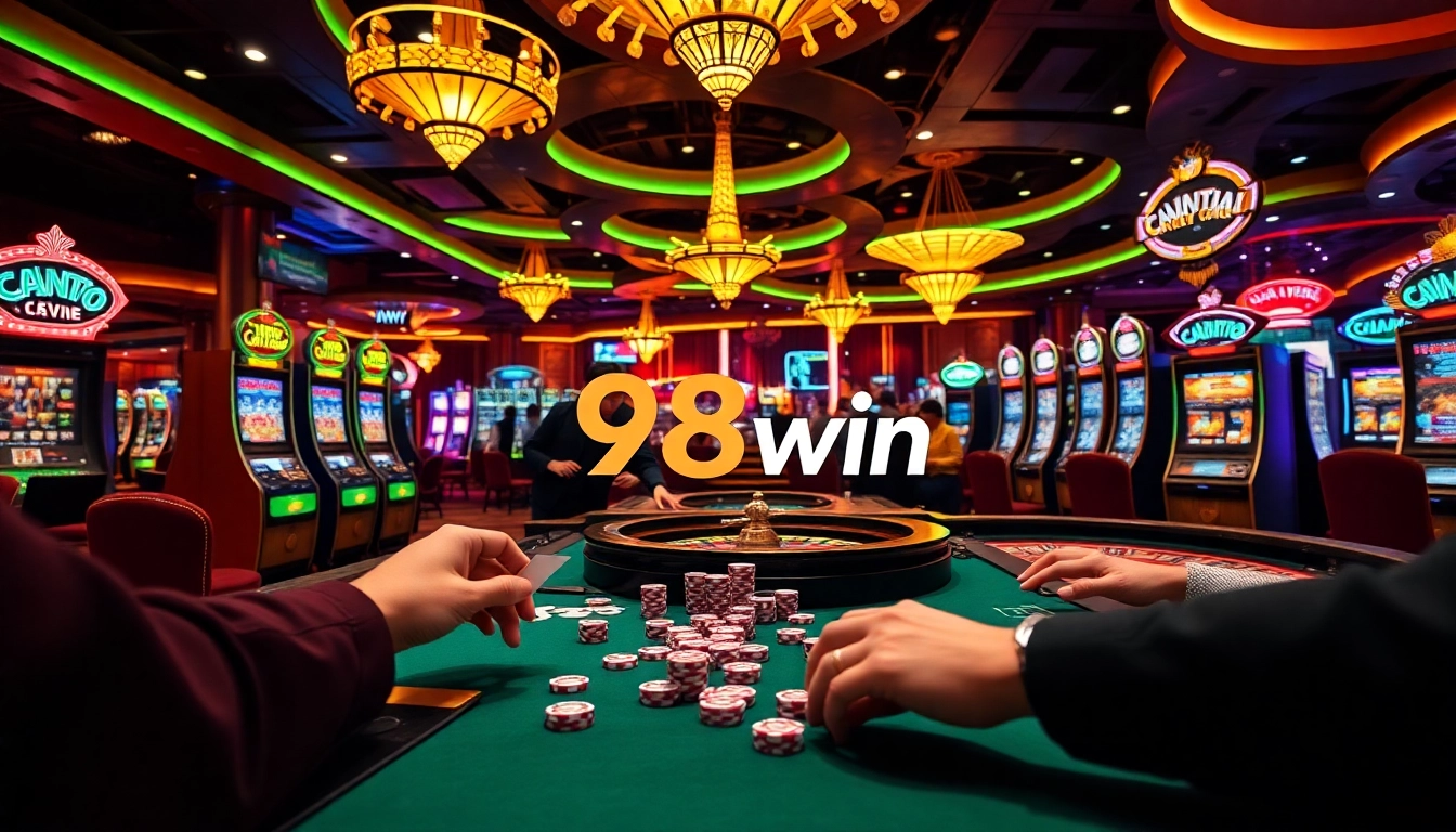 Join the thrilling gaming atmosphere at 98win, featuring poker tables and vibrant slot machines.