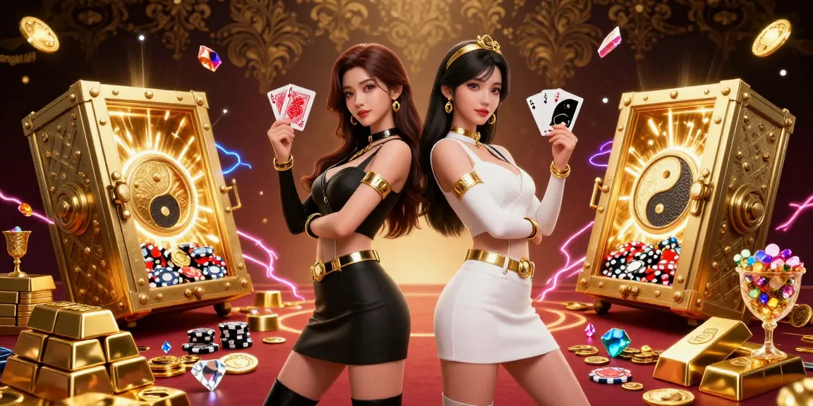 Bengkel69 showcases a dynamic casino scene with twin Asian women in stylish outfits, vibrant card gameplay, and treasure.