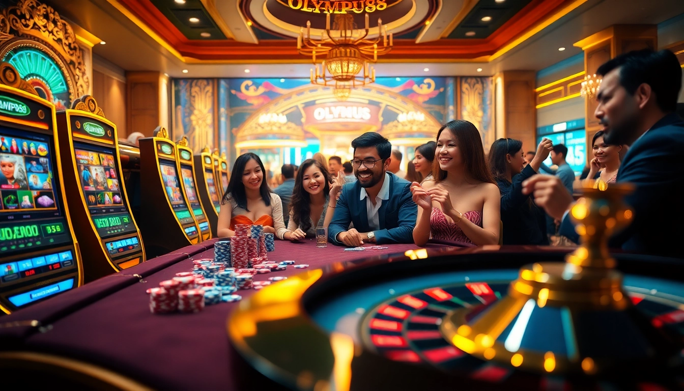 OLYMPUS88 online gaming scene with casino table, slot machines, and excited gamblers