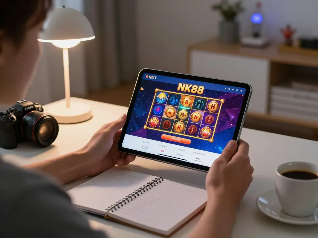 Experience engaging online gaming with NK88's slot games in a cozy setting.