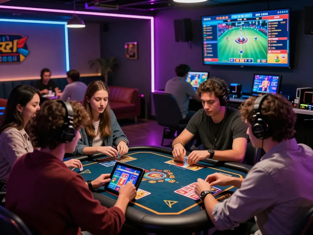 Engaged friends enjoying a multiplayer card game on https://fabetz88.com/ in a vibrant gaming lounge with modern decor.