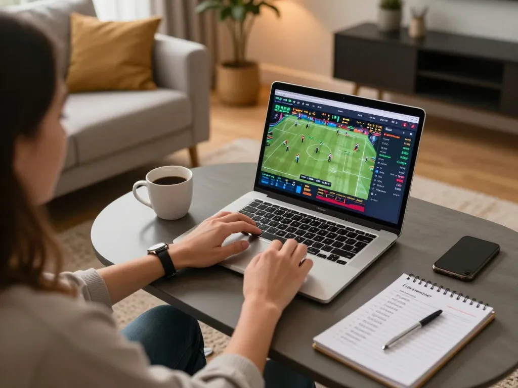Person using 45678 for sports betting at home, laptop displaying live game analysis and betting strategies.