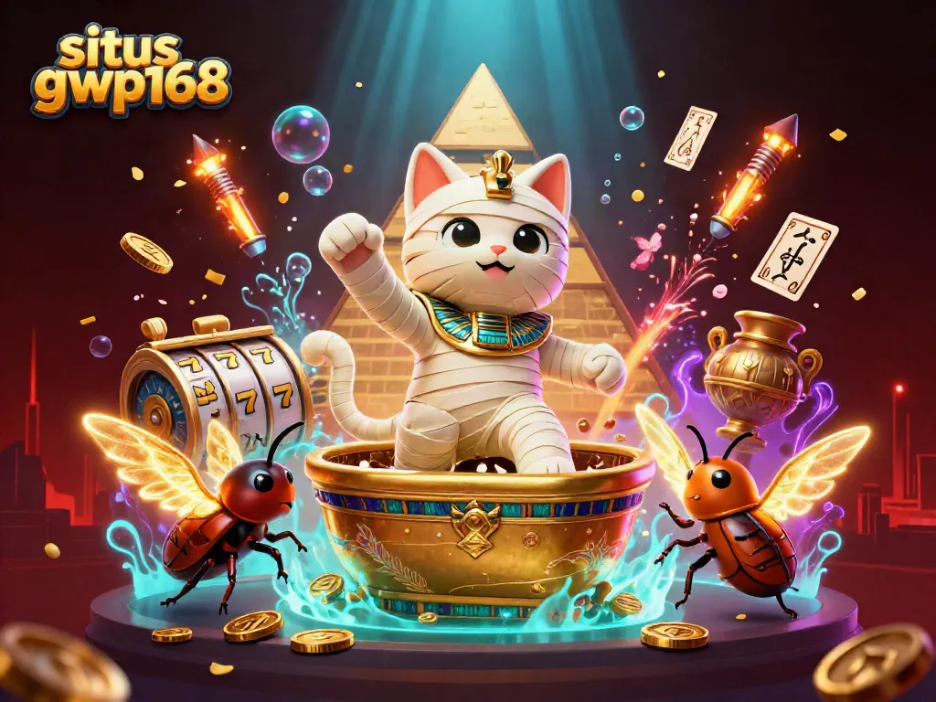 Permainan di situs gwp168 dengan kucing mumi dan elemen kasino yang berkilau