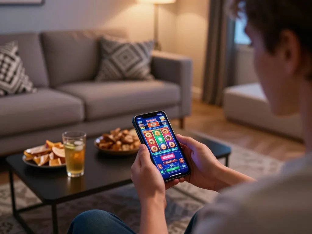 Engaged player using nhà cái fun79 app for mobile gaming with cozy ambiance.