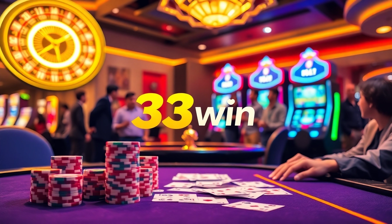 Experience high-stakes gaming at 33win's luxurious casino tables with vibrant slot machines.
