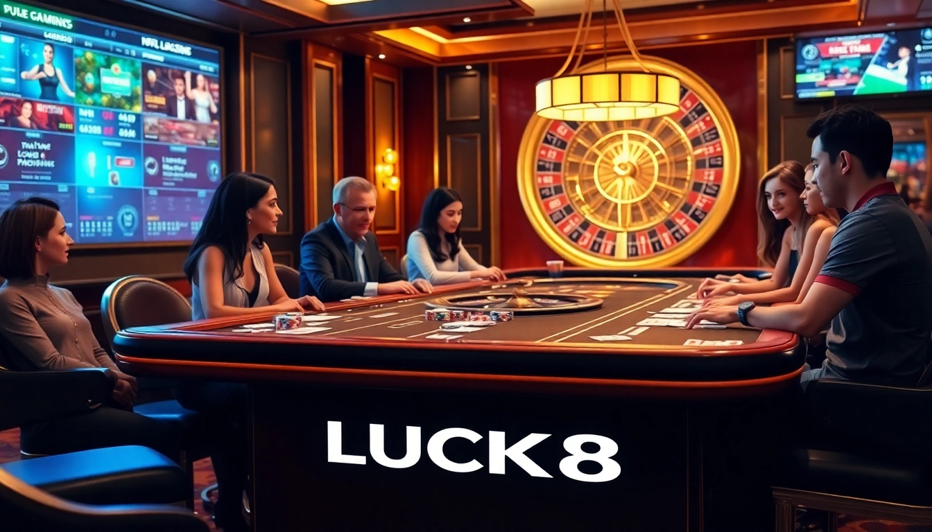 LUCK8 gaming table with vibrant poker chips and engaged players in a luxurious casino setting.