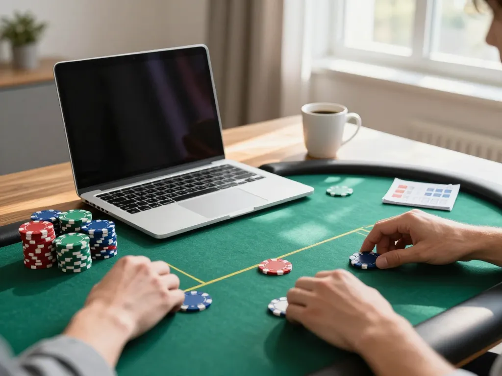Play poker online at https://rr88.navy/ with vibrant chips and a bright home setup.