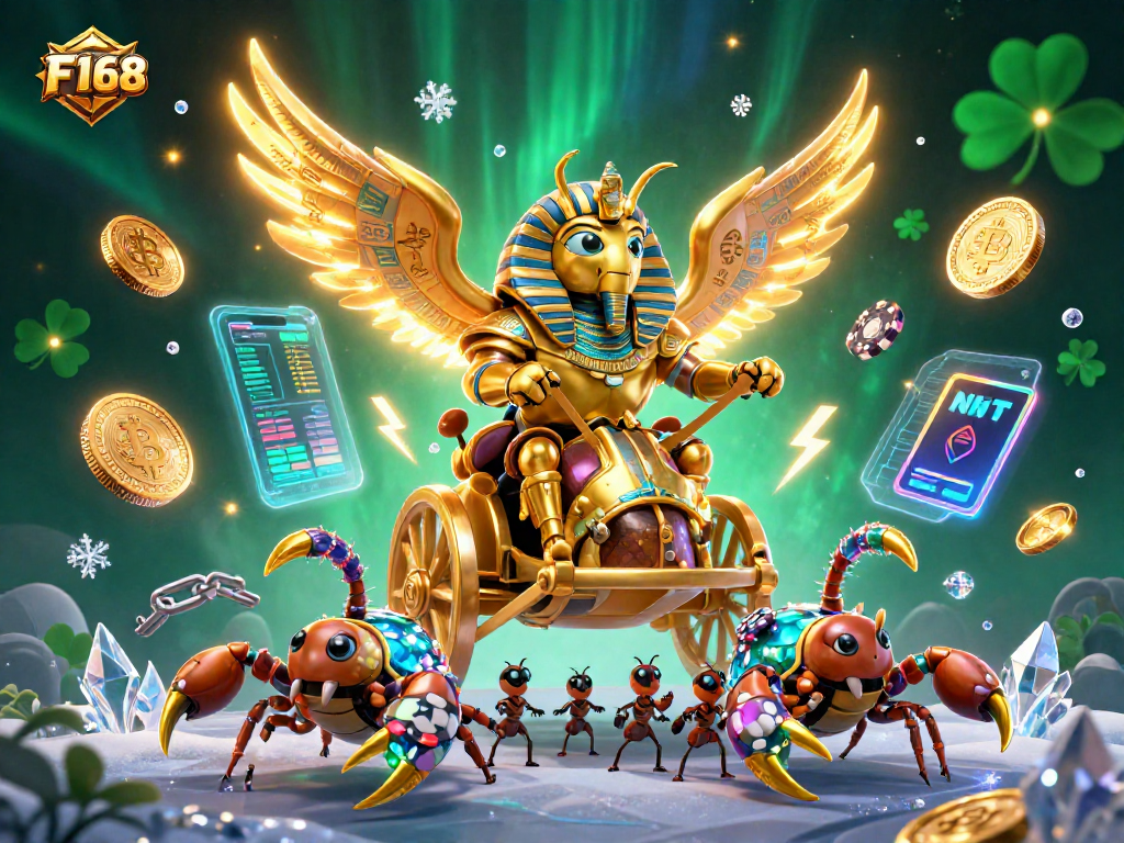 Engage in thrilling fun at F168 with an epic scene of gambling adventures featuring a golden scarab and crypto coins.