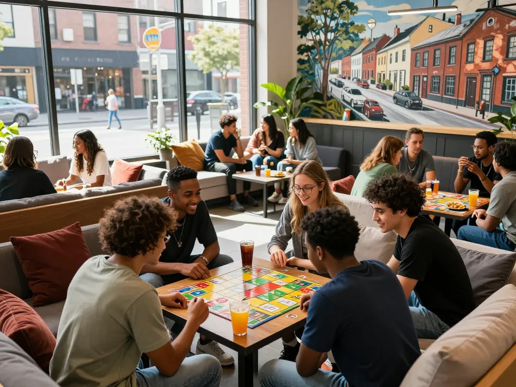 Community gathering at Five88 with friends playing games and enjoying snacks in a vibrant atmosphere.
