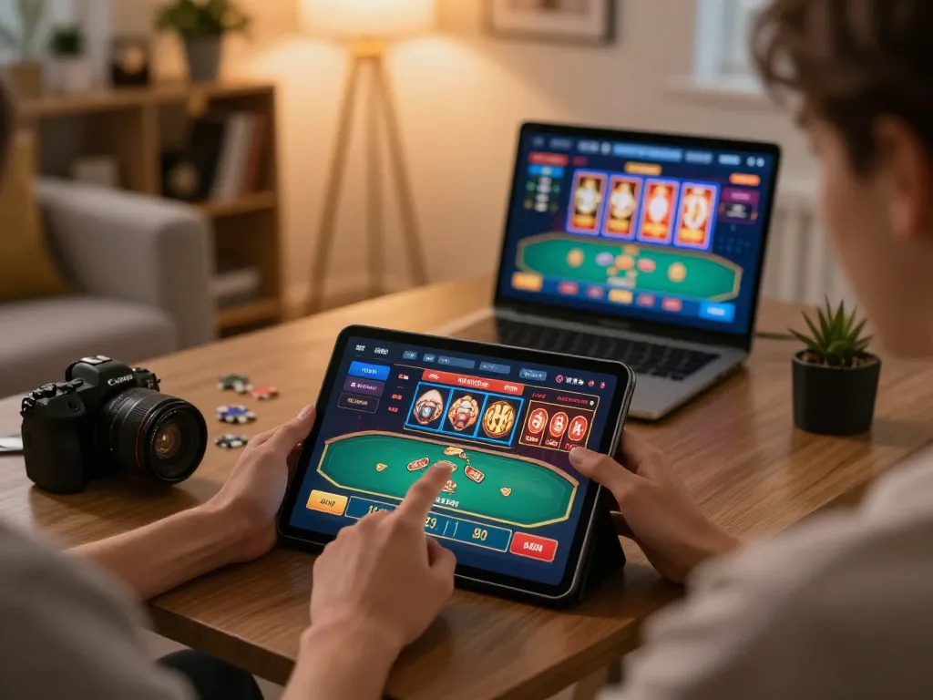 Bet88 player enjoying online gaming on a tablet in a stylish home, showcasing a cozy and responsible gambling atmosphere.