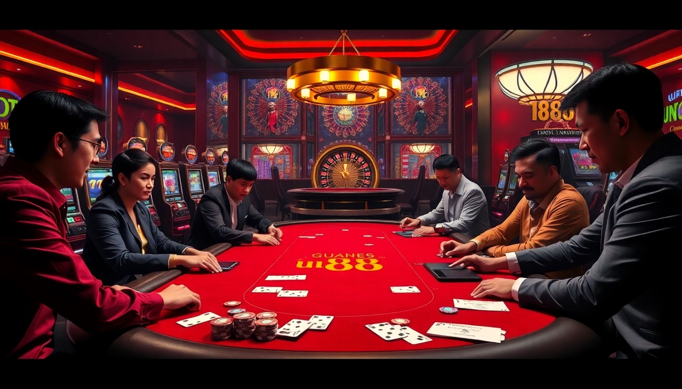 Players strategizing at a poker table in the luxurious uu88 online casino ambiance.