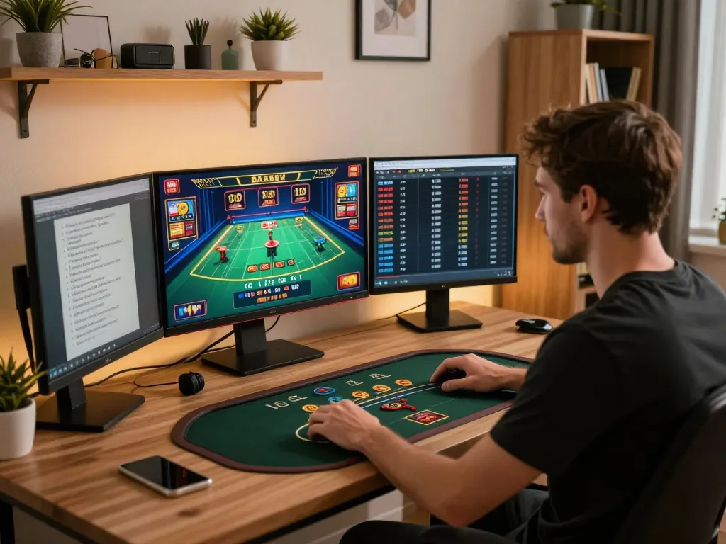 Player enjoys online casino games at home with XX88 interface visible on screens.