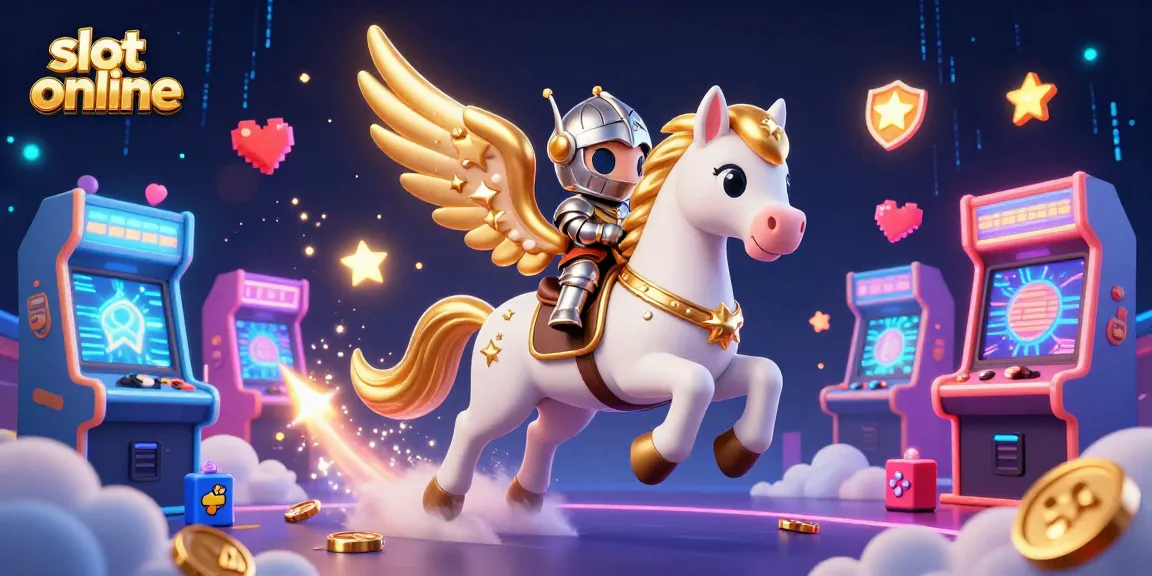 Experience the thrill of slot online games with a dynamic 3D illustration of a celestial knight and game elements.