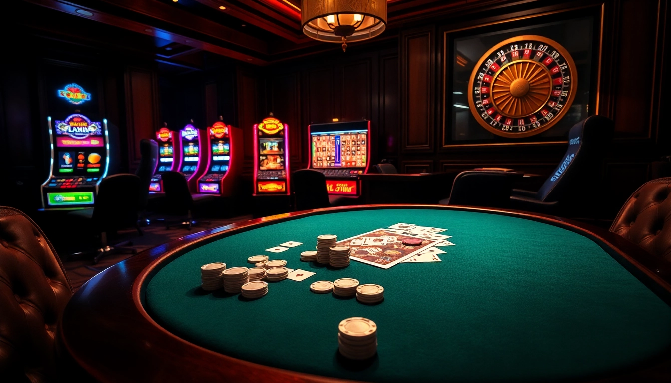 KJC poker table with vibrant chips and cards, enticing gamblers with high stakes.
