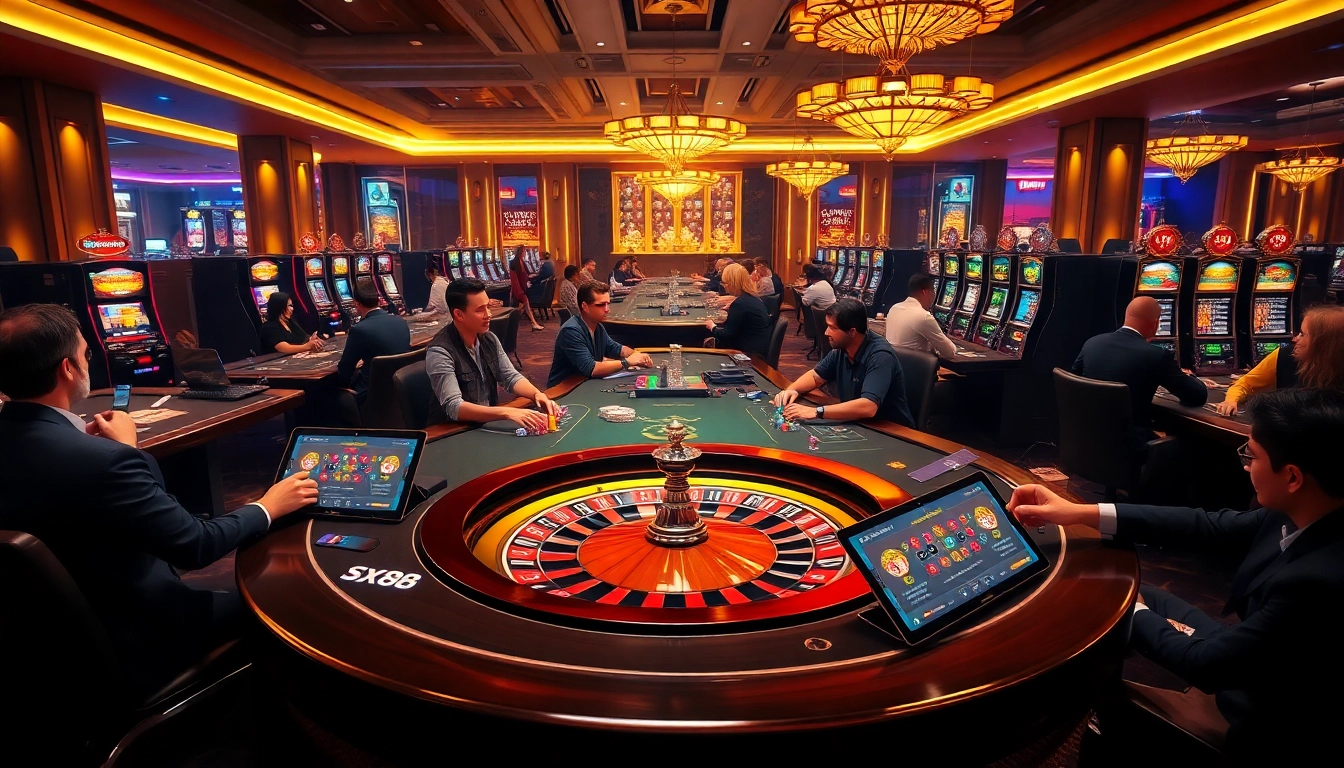 Experience the excitement of sx88 with players betting at stylish casino tables and vibrant slot machines.