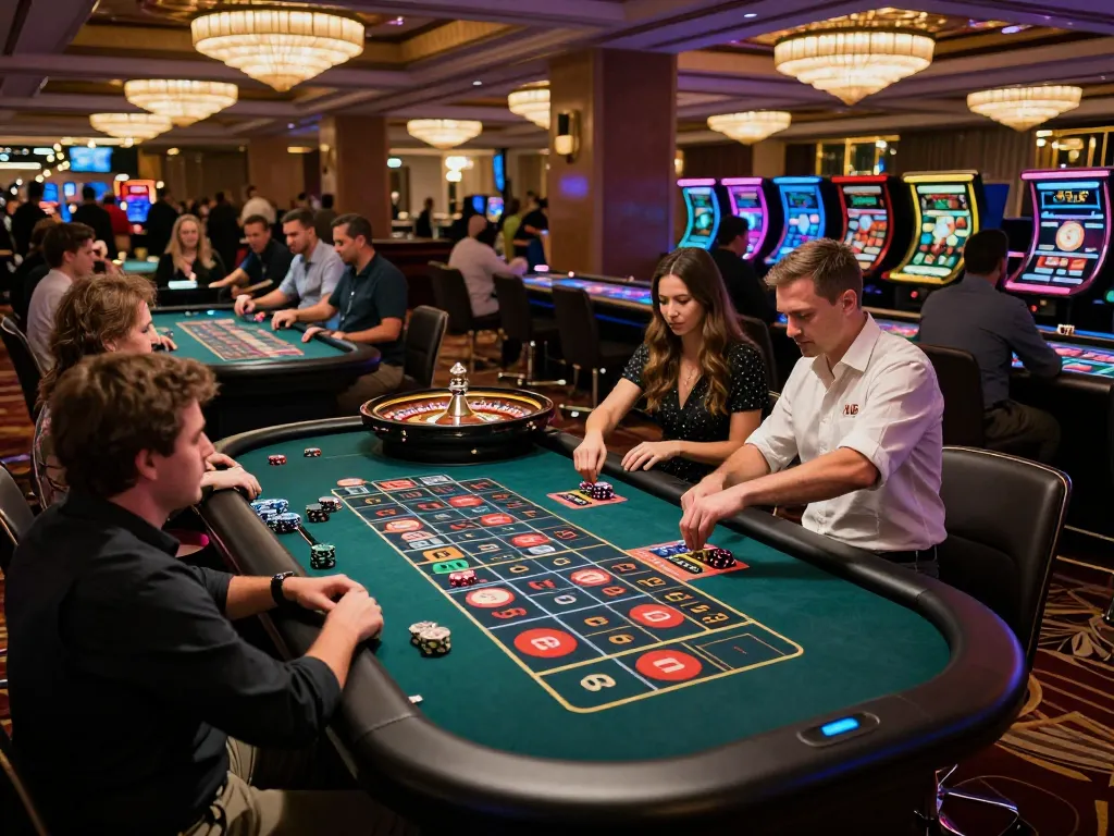 Casino players engaged in intense roulette action at a luxurious live casino.