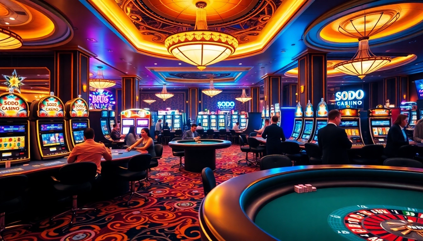 SODO CASINO gaming floor with players at roulette and poker tables, showcasing an exciting atmosphere.