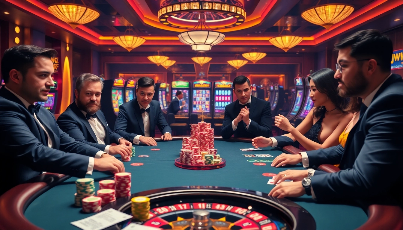 Kuwin players engaged at a high-stakes poker table with colorful chips and a vibrant casino atmosphere.