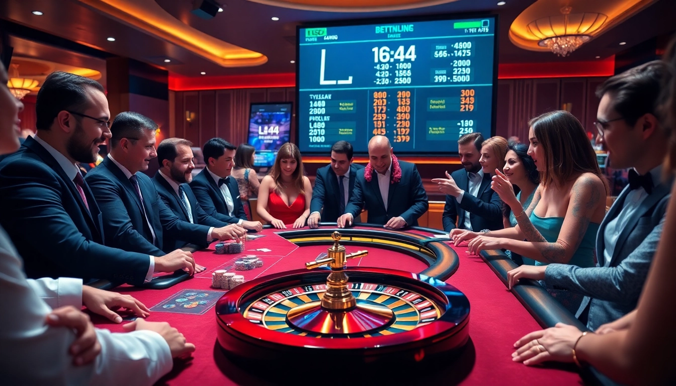 L444 casino scene with players placing bets on poker tables and live updates displaying competitive odds.