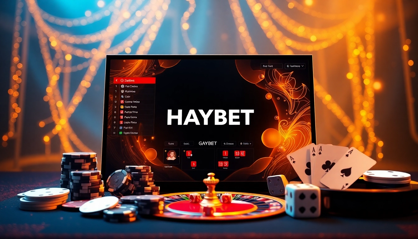 HAYBET logo displayed with vibrant gambling elements in a luxurious online casino setting.