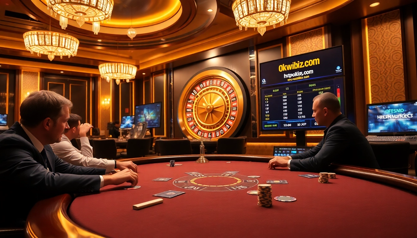 Experience high-stakes gaming at https://okwinbiz.com/ with poker tables and vibrant roulette wheels.