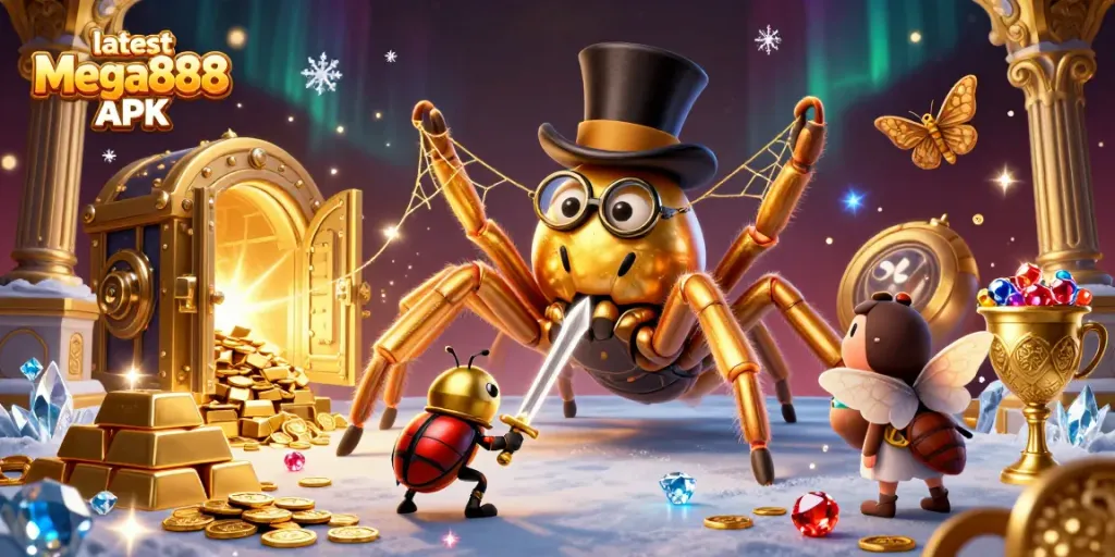 Engage with the latest Mega888 APK through a dynamic 3D illustration showcasing a golden tarantula and a knight.
