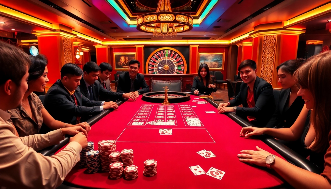 Players enjoying a lively poker game at dh88 casino table, surrounded by vibrant chips and cards.