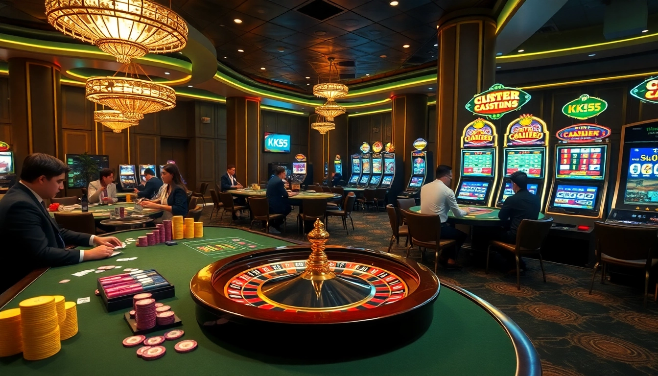 Players enjoying thrilling games at KK55 online casino with vibrant slot machines and a roulette wheel.