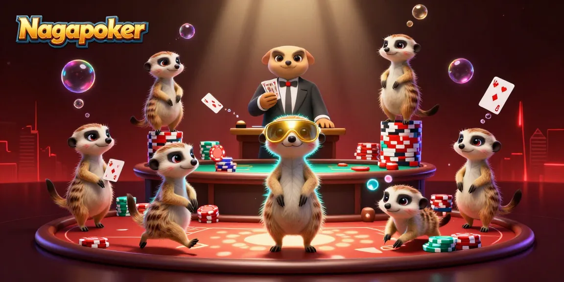 Nagapoker meerkat poker scene with card dealers, pit boss, and chip stacks