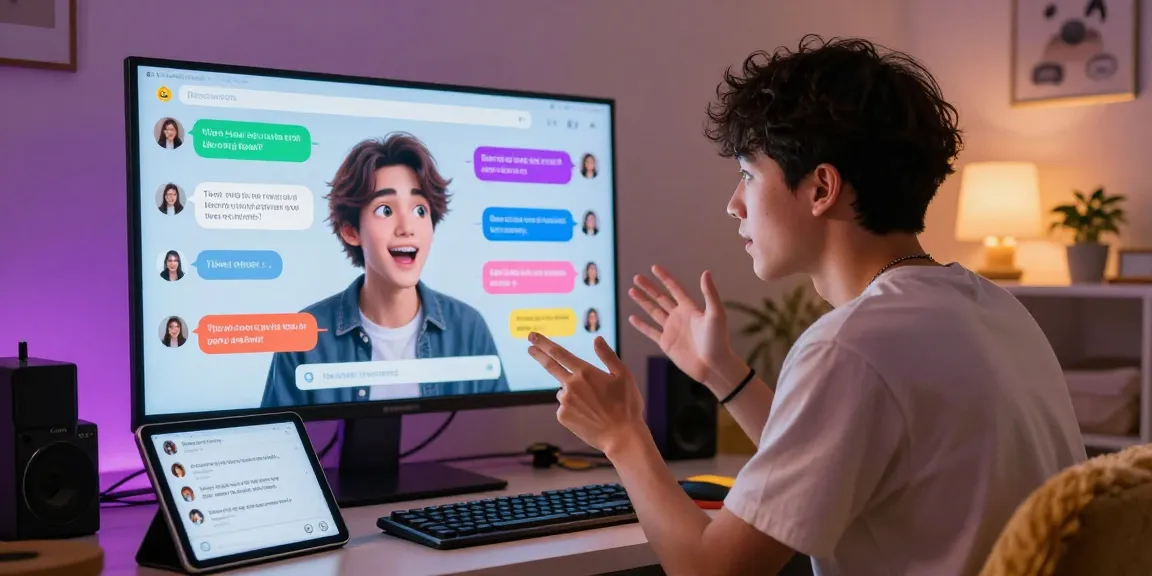 Engaging nsfw ai chat interaction with a virtual character and user in a vibrant modern setting.