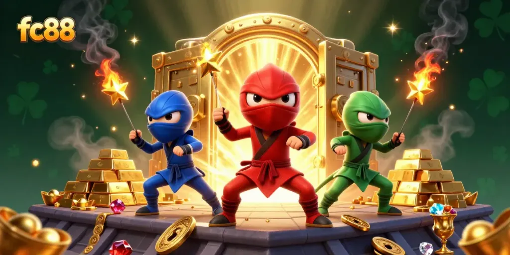 Join the action with fc88 as chameleon ninjas unleash treasures and excitement in a dynamic casino scene.