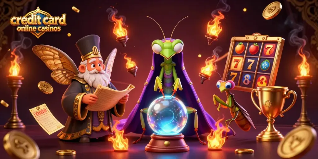 Engage with credit card online casinos featuring colorful slot elements and mystical characters in a dazzling 3D scene.