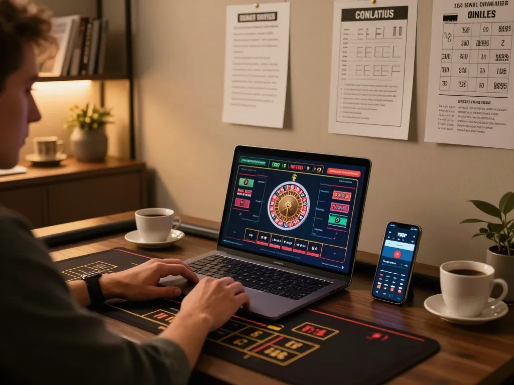 Engaged player utilizing 789P on a laptop for live casino gaming with vibrant decor