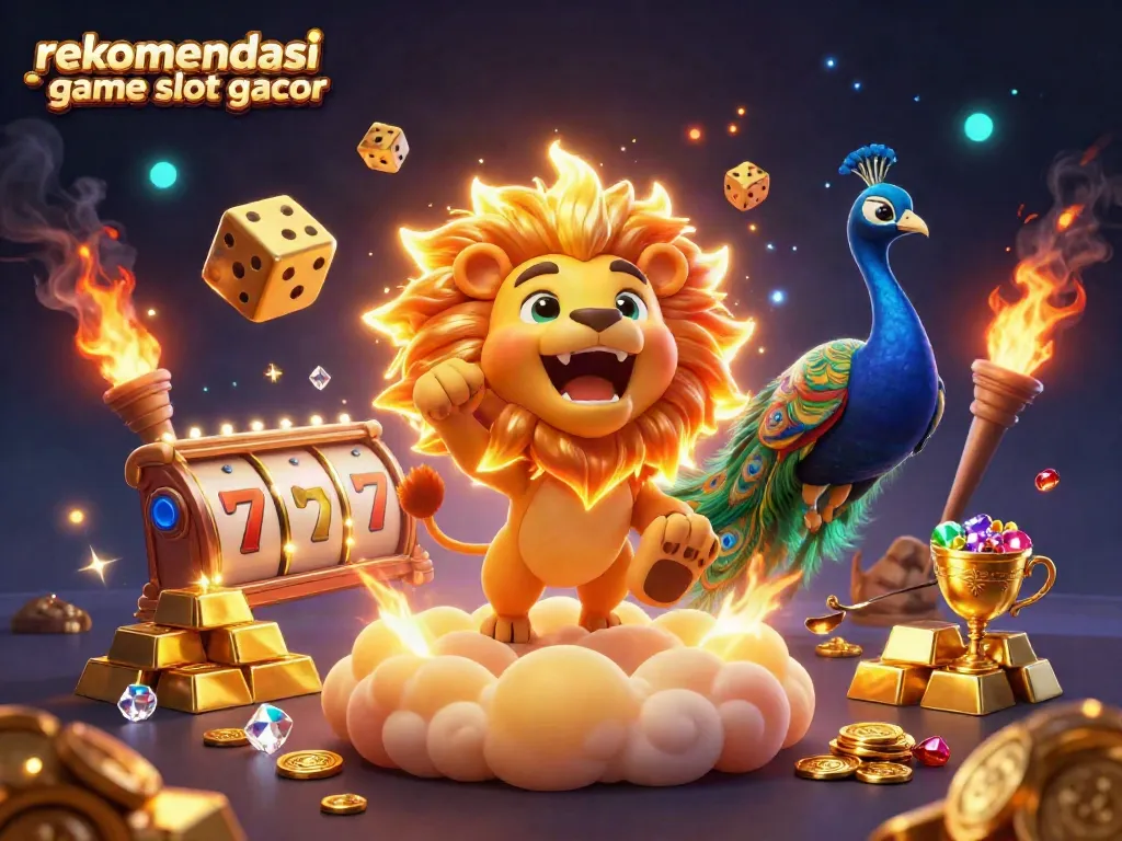 Rekomendasi game slot gacor dengan ilustrasi singa kartun dan elemen permainan yang menarik