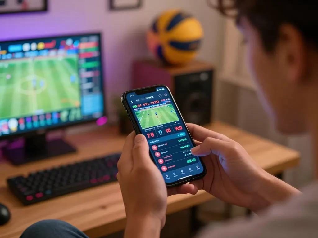 Engaging sports betting with VIN88 on a smartphone in a cozy home setting during live matches.