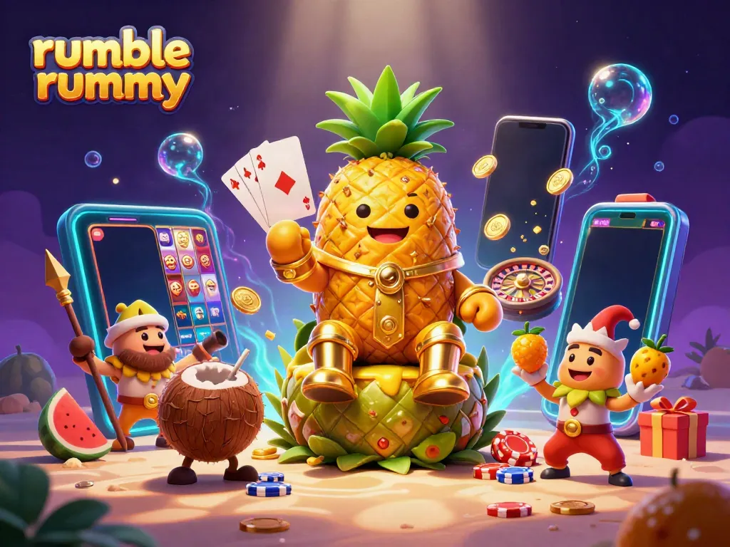 Enjoy riveting gameplay in Rumble Rummy with a vibrant casino-themed illustration, featuring exciting game elements.