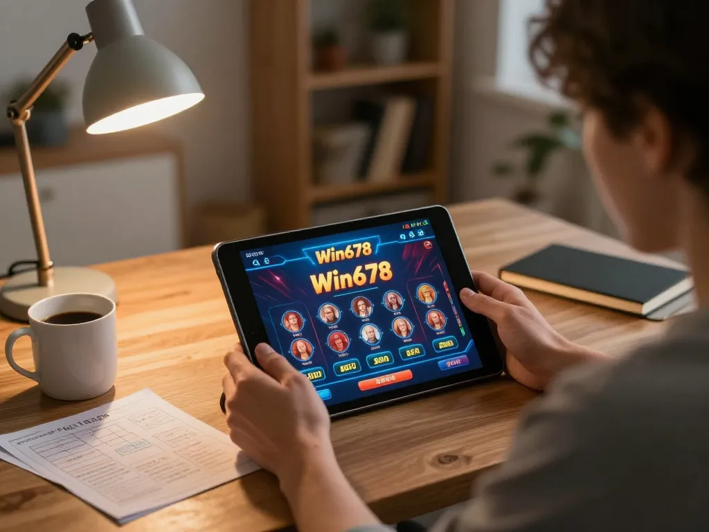 Engaging with Win678 online casino on a tablet in a cozy home office.