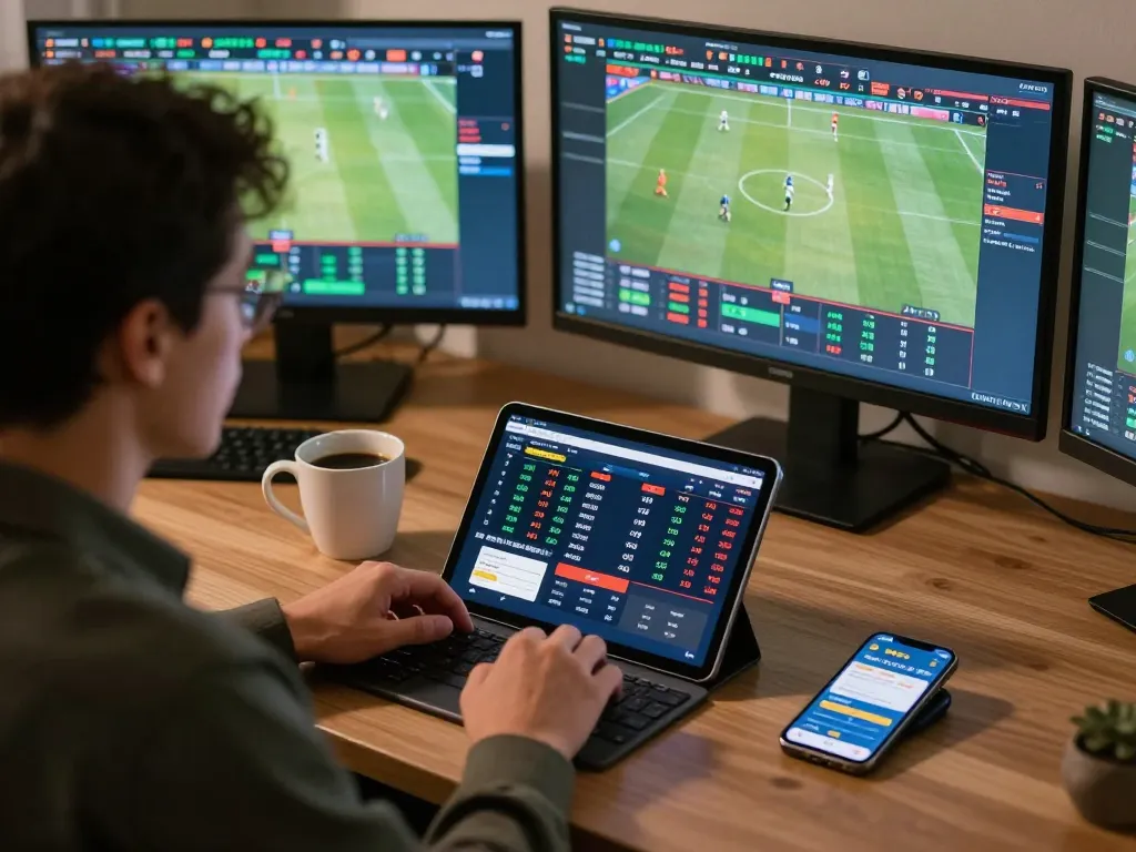 FABET sports betting in action with multiple screens displaying live odds and statistics.